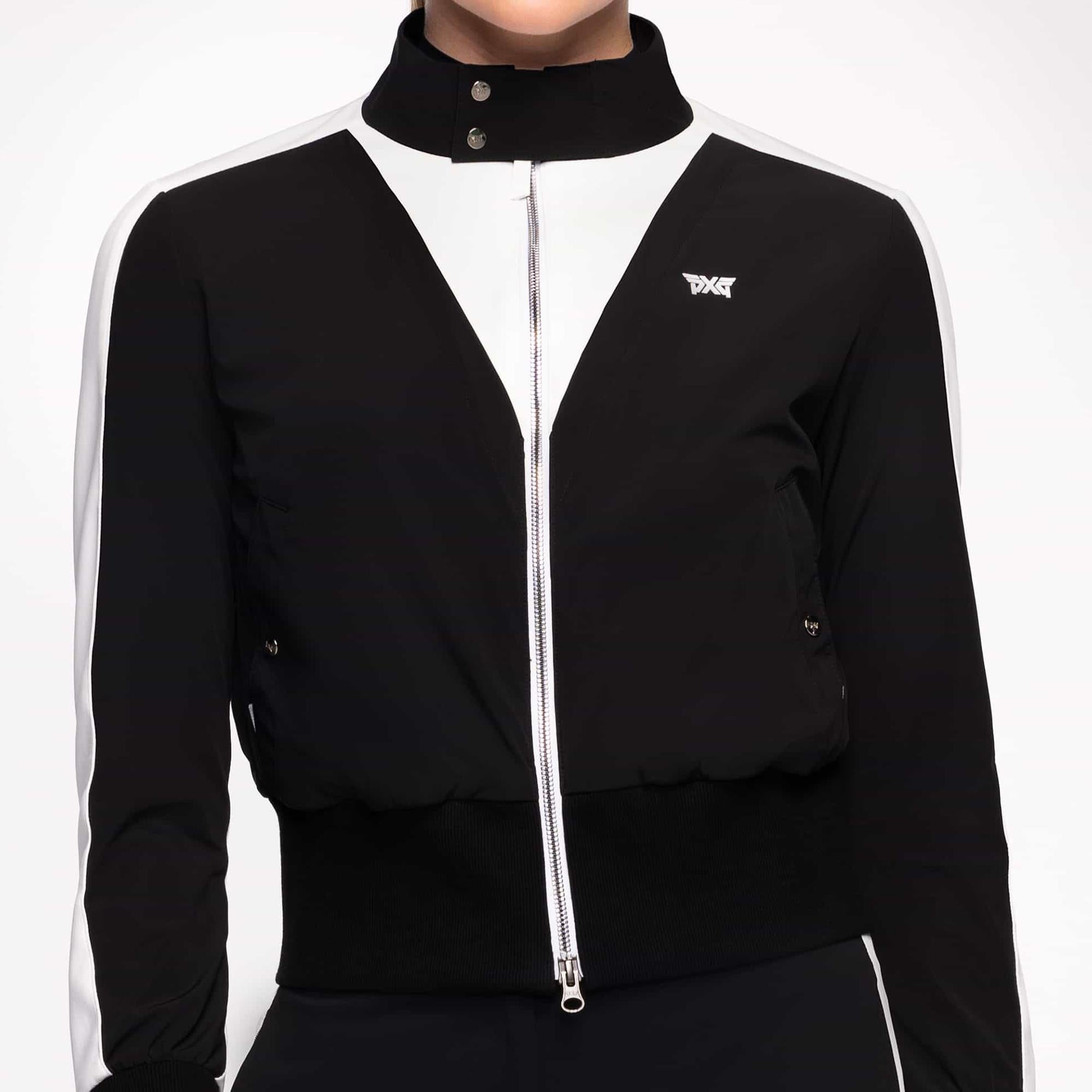 PXG Ladies Bomber Jacket in Black – Front View Zipped on Model